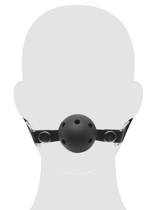 Illustration av ett huvud som bär Svart Ballgag med Luftkanaler – en svart ballgag med ventilationshål och ett justerbart huvudband i klassisk BDSM-stil.