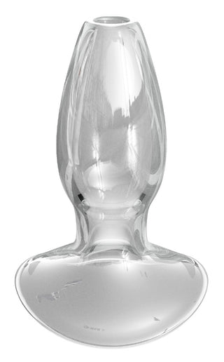 Ihålig Glas Buttplug är en klar, glödlampsformad analplugg med en bred, platt bas, tillverkad av hållbart borosilikatglas för säker och smidig användning. Visas på en vit bakgrund.