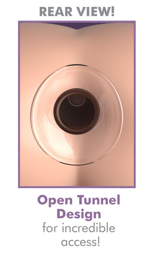 En vy uppifrån och ner av Ihålig Glas Buttplug med text: Bakifrån! Öppen tunneldesign för fantastisk åtkomst, tillverkad av premium borosilikatglas!.