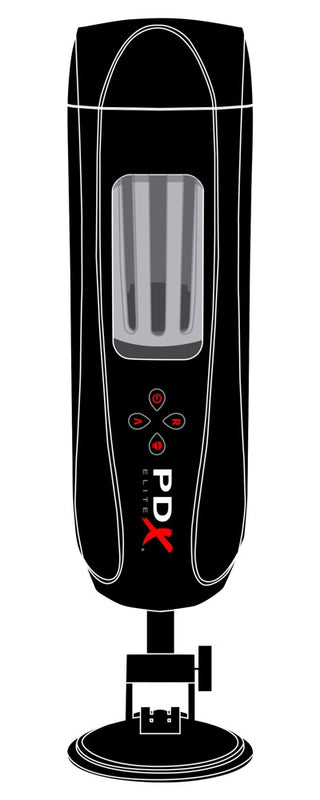Illustration av PDX Elite Ultimate Milker 2, en svart elektronisk masturbator med kontrollknappar, vibrations- och rotationsfunktioner, monterad på en sugpropp för handsfree-användning.