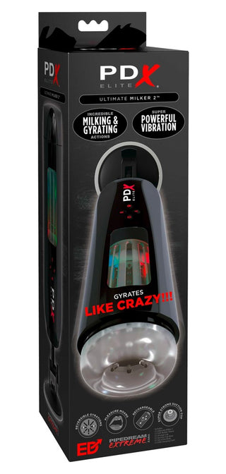 Svart och röd PDX Elite Ultimate Milker 2-box med produktbilder och text som belyser handsfree-användning samt avancerade vibrations- och rotationsfunktioner för den ultimata onaniopplevelsen.