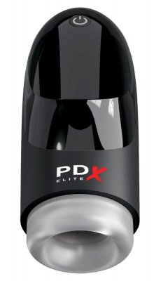PDX Elite Hydrogasm Masturbator, med djärv vit och röd text i en elegant svart design, inkluderar en strömknapp på toppen. Med en blank finish och strukturerad genomskinlig bottensektion, levererar den spännande roterande vibrationer.