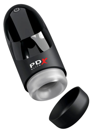 PDX Elite Hydrogasm Masturbator, i glänsande svart med en slående vit och röd logotyp, har en roterande vibration, avtagbar kåpa, vattentät design och användarvänlig strömknapp för en exceptionell upplevelse.
