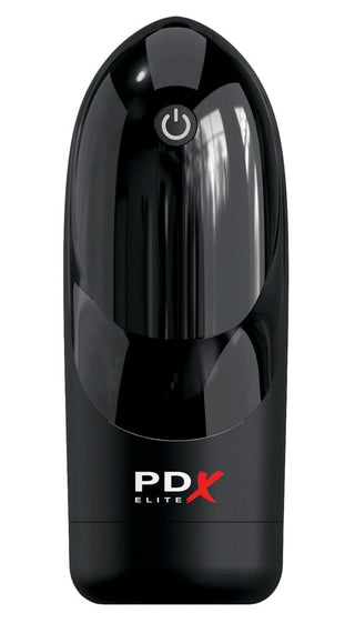 PDX Elite Hydrogasm Masturbator är en svart, handhållen enhet med en elegant rundad design och strömknapp på toppen. "PDX Elite" är tryckt i rött och vitt nära botten. Det är vattentät och erbjuder en förbättrad upplevelse med kraftfull roterande vibration.