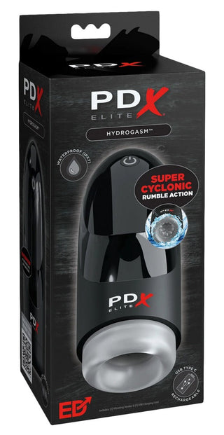 PDX Elite Hydrogasm Masturbators förpackning har en elegant svart design med röd och vit text som framhäver funktioner som "Super Cyclonic Rumble Action" och dess vattentäta förmåga. Boxen visar produktbilden tydligt och visar upp dess innovativa roterande vibrationsteknik.