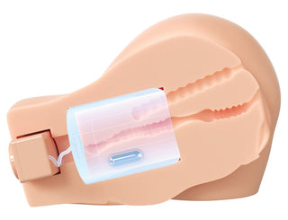 En illustration som visar en utskärning av en mänsklig hörselgång med en digital hörapparat isatt, vilket understryker dess innovativa design som liknar det banbrytande Fanta Flesh-materialet som används i PDX Elite Auto Masturbator.
