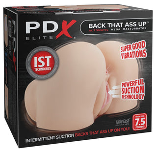 Box för PDX Elite Auto Masturbator med Back That Ass Up-detaljer, gjord med Fanta Flesh-material och avancerade funktioner som en automatisk sugfunktion för en mer realistisk upplevelse.