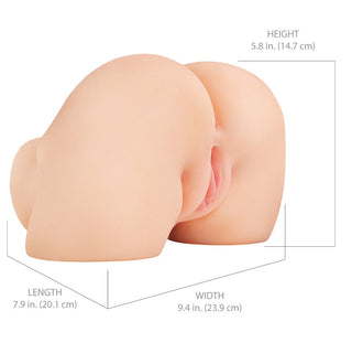 Bilden visar PDX Elite Shake Ass Masturbator, en realistisk silikonleksak tillverkad med Fanta Flesh. Den efterliknar mänsklig anatomi och mäter 5,8" H x 7,9" L x 9,4" W för en autentisk upplevelse.