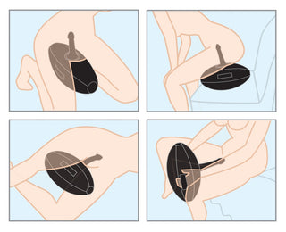 Illustration av en person som använder Uppblåsbar Love Ball Med Dildo, en svart apparat, mellan benen i fyra olika sittande och böjda positioner.