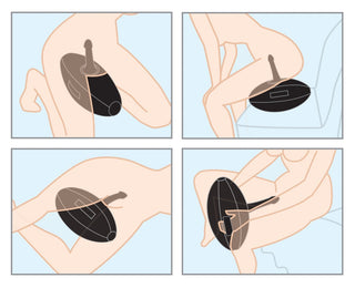 Illustration av en person som använder Uppblåsbar Love Ball Med Dildo, en svart apparat, mellan benen i fyra olika sittande och böjda positioner.