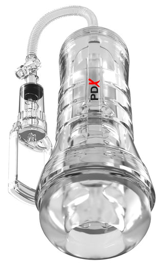 Genomskinlig, hudfärgad PDX Elite ViewTube Vac XXL-cylinder med en handdriven sugpåse och slang.