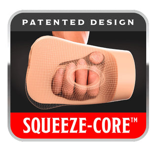 En hand greppar en beige, nätöverdragen Pussy Pounder Squeeze Stroker, märkt "SQUEEZE-CORE Patented Design" och tillverkad av Fanta Flesh för en verklighetstrogen känsla.