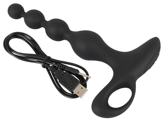 Den snygga Uppladdningsbar Analkulor silikonpärlor, komplett med ett praktiskt handtag och USB-laddningskabel, sticker ut elegant mot en vit bakgrund.