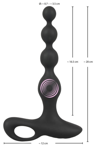 Uppladdningsbar Analkulor, en svart pärlformad analplugg med rosa swirl-accenter, visad med dess mått.