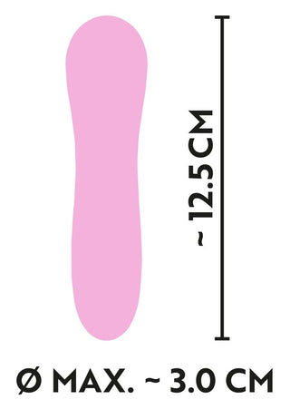 Cuties Mini Vibrator Rosa är en rosa, långsträckt form med dimensioner på ~12,5 cm i längd och ~3,0 cm i diameter, med en Soft Touch-struktur för en förbättrad känsla.