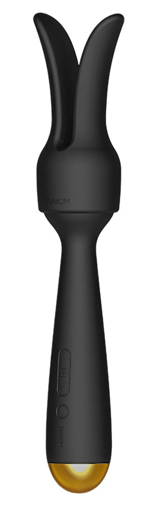 Möt den eleganta Svakom Emma Neo: en personlig massageapparat i svart och guld med kaninörondesign med intuitiva handtagskontroller som kombinerar elegans med kraftfull prestanda.