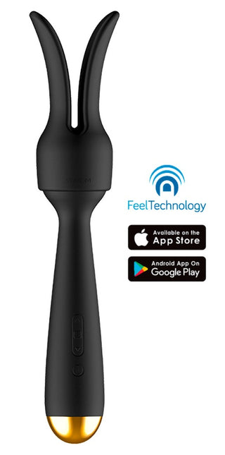 Koppla av med den svarta massageapparaten Svakom Emma Neo. Dess eleganta design inkluderar två stift som blandar teknik och komfort. Styr det enkelt via appkompatibilitet för iOS och Android, med logotyper i närheten.