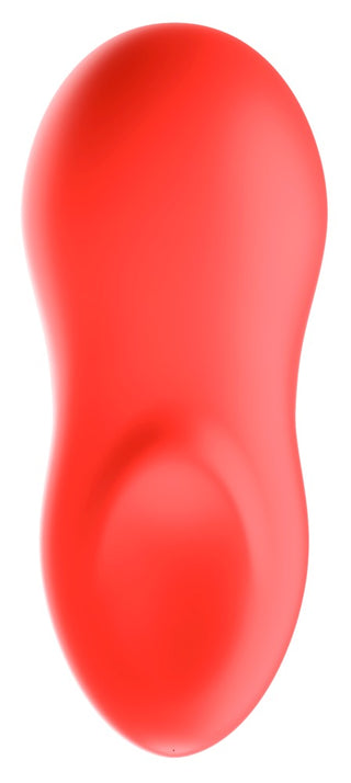 En elegant, glänsande, röd We-Vibe Touch X-vibrator med en abstrakt njurform mot vit bakgrund, inspirerad av innovativ design och helt vattentät för mångsidig användning.