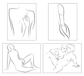 Linjeteckningar av nakna kvinnor och en We-Vibe Touch X-vibrator, som illustrerar självnjutning och intimitet mellan två personer.