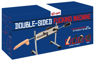 Dubbelsidig blå sexmaskin för par med tillbehör och fjärrkontroll, i robust plastutförande.