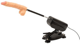 Svart RC sexmaskin med realistisk dildo, sladdansluten fjärrkontroll och robust bas.