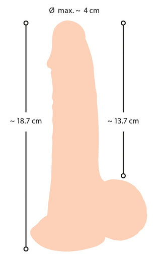Anatomisk siluettdiagram av Nature Skin Realistisk Dildo 18,7 cm, med detaljer om dess mått: längd ~18,7 cm, bredd ~4 cm och omkrets ~13,7 cm för en realistisk upplevelse.