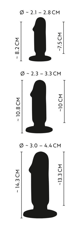 Tre svarta silhuetter av figurer i olika storlekar från Analsex Training Set, var och en med en robust sugkopp, visas tillsammans med måtten i centimeter.