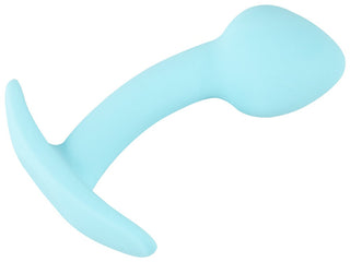 Cuties Mini Buttplug Blå är en ljusblå silikon prostata massageapparat med en böjd design och ett brett handtag, tillverkad av kroppssäkert silikon för sinnesfrid.