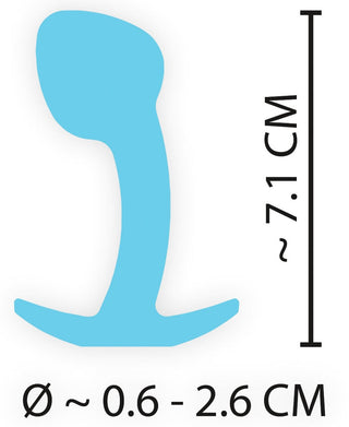 Illustration av Cuties Mini Buttplug Blå, en blå böjd buttplug tillverkad av kroppssäkert silikon, 7,1 cm hög med en diameter från 0,6 till 2,6 cm.