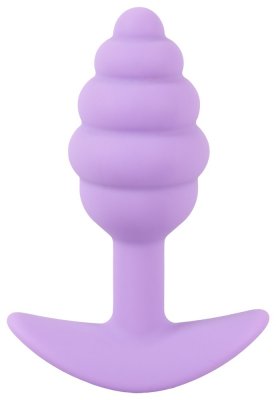 Cuties Mini Buttplug Lila, i en bikupa form tillverkad av kroppssäker silikon med en utsvängd bas, är idealisk för användning av vattenbaserat smörjmedel och mot en orörd vit bakgrund.