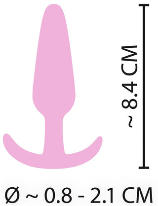 Illustrationen visar Cuties Mini Buttplug Rose, ett rosa föremål tillverkat av kroppssäkert silikon, med måtten 8,4 cm på höjden och 0,8 till 2,1 cm i bredd, perfekt att använda med vattenbaserat glidmedel för ökad komfort och smidighet.