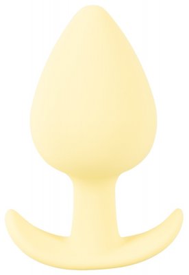 Cuties Mini Buttplug Gul är en krämfärgad buttplug gjord av kroppssäkert silikon, med en lökformad topp och utsvängd bas, visad på vit bakgrund.
