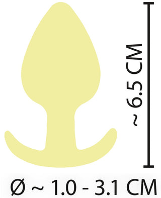 Cuties Mini Buttplug Gul är en siluett tillverkad av kroppssäkert silikon, som mäter 6,5 cm i höjd med en diameter mellan 1,0 och 3,1 cm.