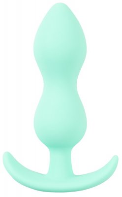 Cuties Mini Buttplug Grön, gjord av kroppssäkert silikon med en böjd bas, visas på en vanlig vit bakgrund.