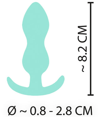 Illustration av "Cuties Mini Buttplug Grön", ett ljusblått, glödlampsformat föremål med böjda ändar, sammansatt av kroppssäkert silikon. Måtten är cirka 8,2 cm i höjd och 0,8-2,8 cm i diameter.