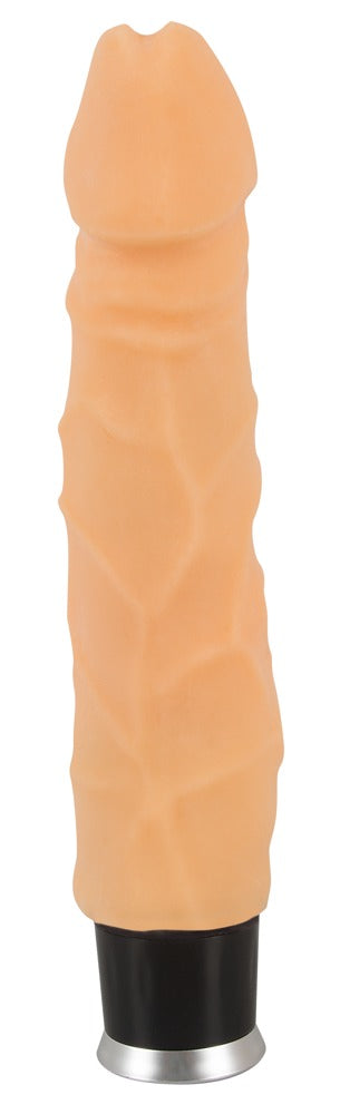 Realistisk dildo med ådrig yta, svart bas och hudfärgat material, utrustad med 8 vibrationslägen.