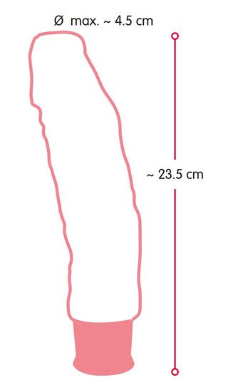 Beige silikondildo med vibration, realistisk ytstruktur, maxdiameter 4,5 cm, längd 23,5 cm, måttmarkeringar synliga.