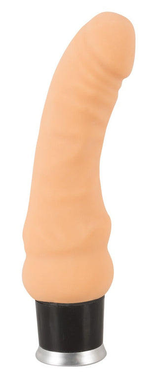 Realistisk vibrator, 18 cm, böjd form, svart bas, tillverkad av Nature Skin-material.