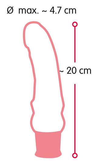 En flexibel silikonvibrator i hudfärg, 18 cm lång, med måttmarkeringar som anger längd och diameter.