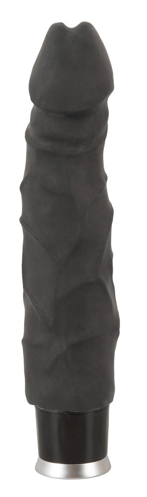 Svart silikonvibrator, 23 cm, med metallfot och synliga reglage, stående upprätt mot en vit bakgrund.