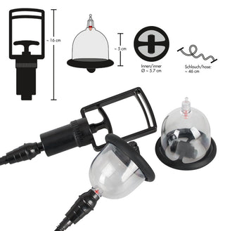 Illustration av vibrerande nippelkoppar med märkta mått och delar, med en handpump, två genomskinliga nippelsugkoppar och ett pumphandtag för en effektiv upplevelse.