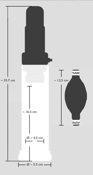 Teknisk ritning av en vibrerande penispump och onanicylinder med handhållen pump och måttangivelser.