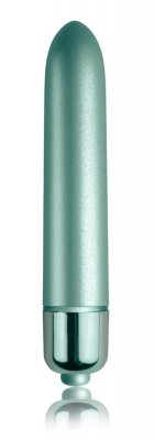 Velvet Aqua Bulletvibrator är en krickfärgad kulformad produkt med en metallisk silverbas, som står upprätt elegant.
