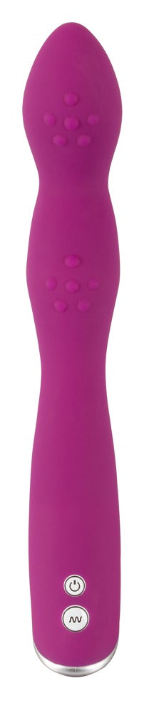 Sweet Smile - A & G-Punkts Vibrator är en lila, kurvig personlig massageapparat med en strukturerad yta, med 7 vibrationslägen och intuitiva kontrollknappar vid basen.