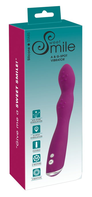 Förpackningen visar en lila silikonvibrator som heter Sweet Smile - A & G-Punkts Vibrator, som erbjuder 7 vibrationslägen för ökad njutning och designad för både G-punkts och A-punkten stimulering.