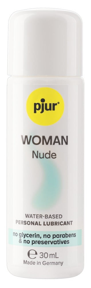 30 ml pjur WOMAN Nude glidmedelsflaska, färglös gel, vit förpackning med rosa och grå text.