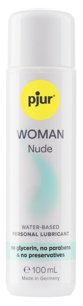 En 100 ml flaska med pjur WOMAN Nude, ett klart vattenbaserat glidmedel med enkel, vit förpackning och svart text.