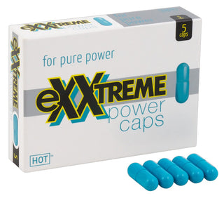 En ask med eXXtreme Power Caps för Honom kosttillskott med guarana, med fem blå kapslar framför.