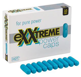 EXXtreme Power Caps för Honom box med 10 blå kapslar utställda på framsidan; förpackning och kapslar synliga.