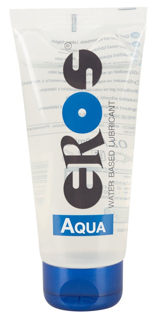 Genomskinlig tub med EROS Aqua vattenbaserat glidmedel med en blå kork.